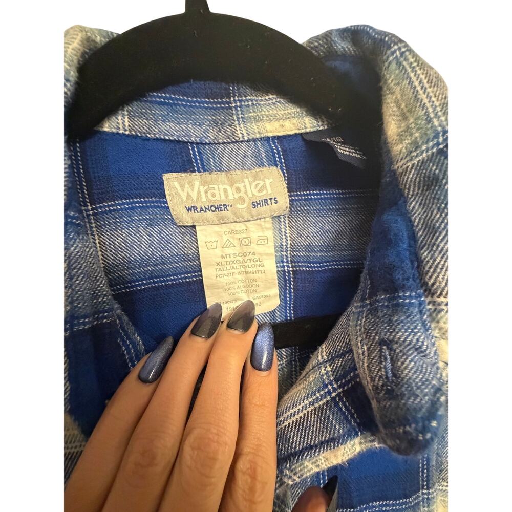 Wrangler Wrancher Men’s XLT Blue Plaid Western Pearl Snap Shirt 100% Cotton Tall - Picture 7 of 11